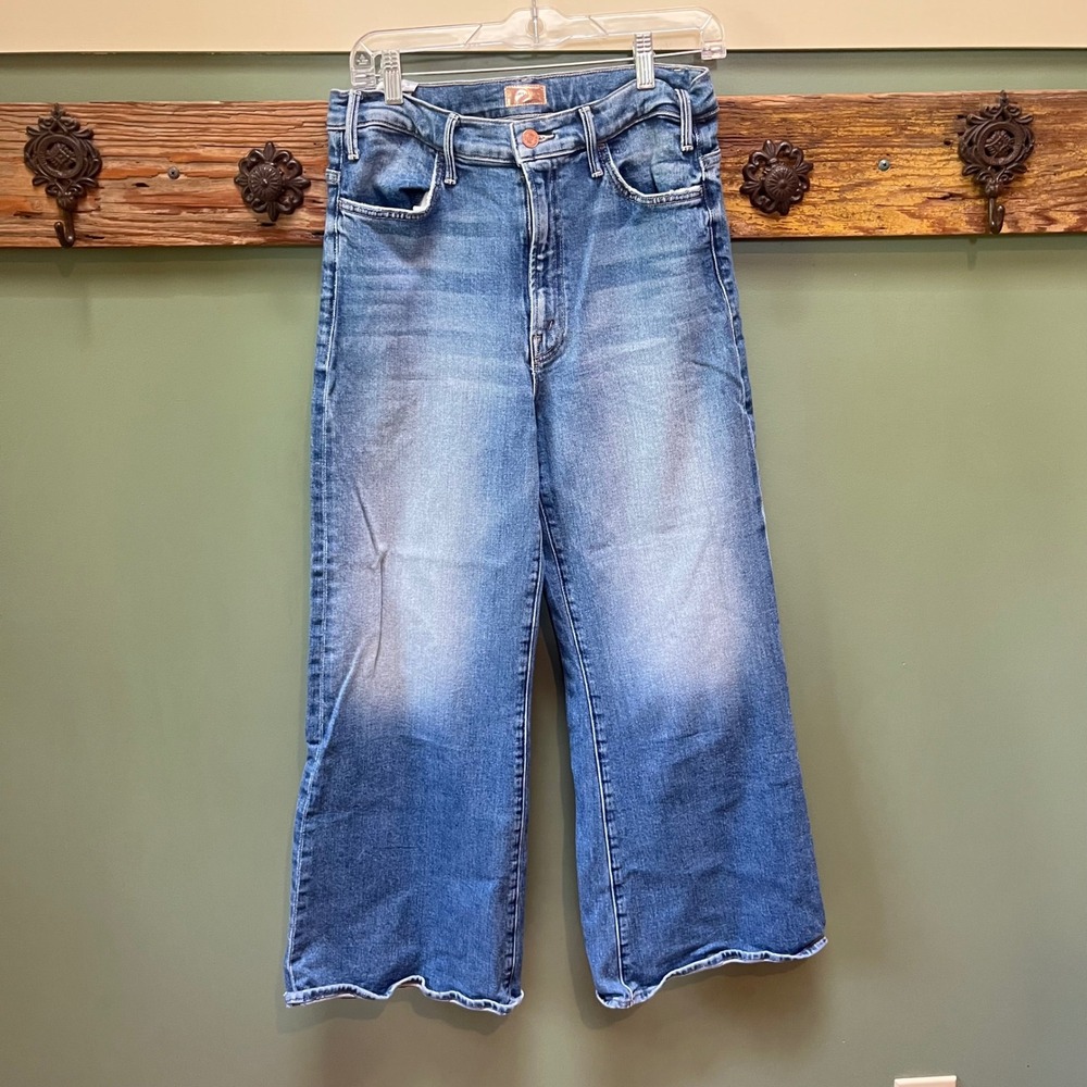 Mother The Hustler Roller Ankle Jeans On The Hog Blue Wide Leg Raw Hem Size 31